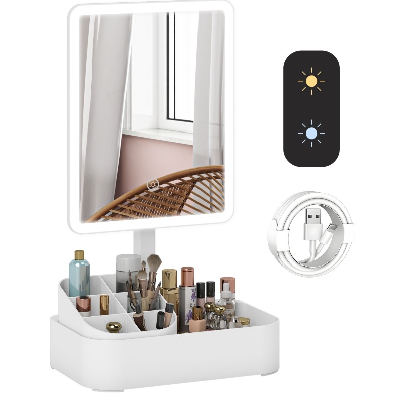 Led-schminkspiegel 22 X 13,8 X 38 Cm Aus Weißem Kunststoff, 180° Drehbar, Platzsparend – Meubliv