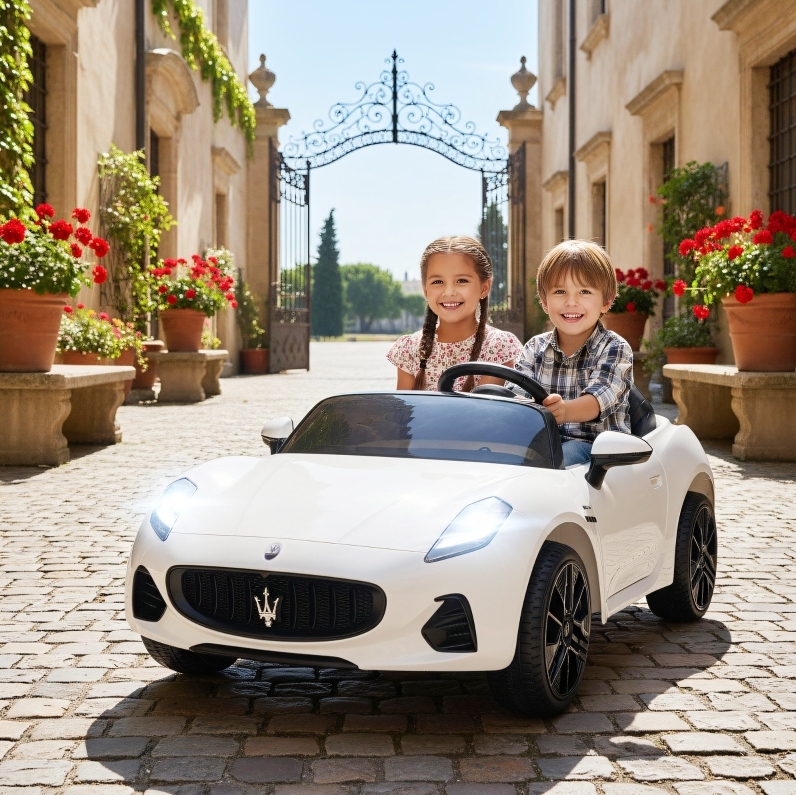 Elektro-kinderauto 120 X 72 X 50 Cm Aus Weißem Kunststoff, 2-sitzer, Fernbedienung – Meubliv