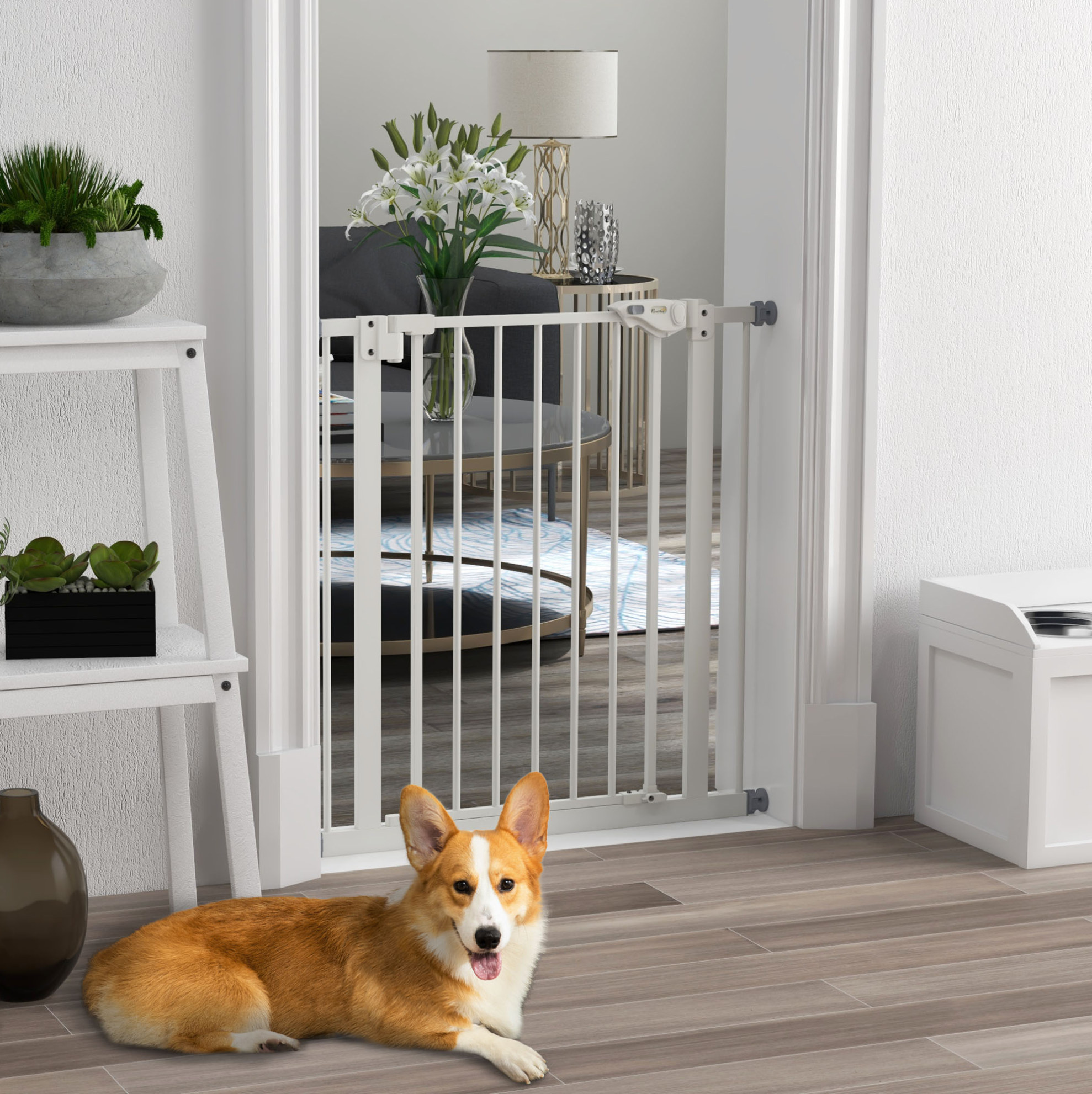 Sicherheitsgitter Für Hunde 68x77 Cm Aus Weißem Metall, Ohne Bohren, Für Treppen – Meubliv