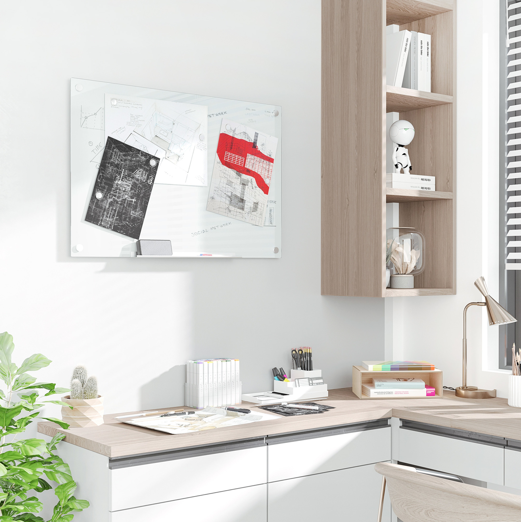 Magnetisches Glas-whiteboard 90 X 60 Cm, Weiß, Wandmontage, Platzsparend – Meubliv