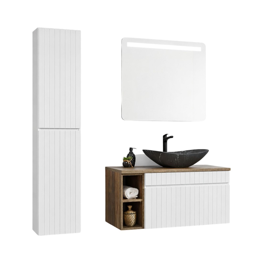 Icon Set Weiß: Waschtischunterschrank 100 Cm Mit Sichtbaren Nischen + Schwarzes Marmoriertes Aufsatzwaschbecken + Led-spiegel + Hochschrank