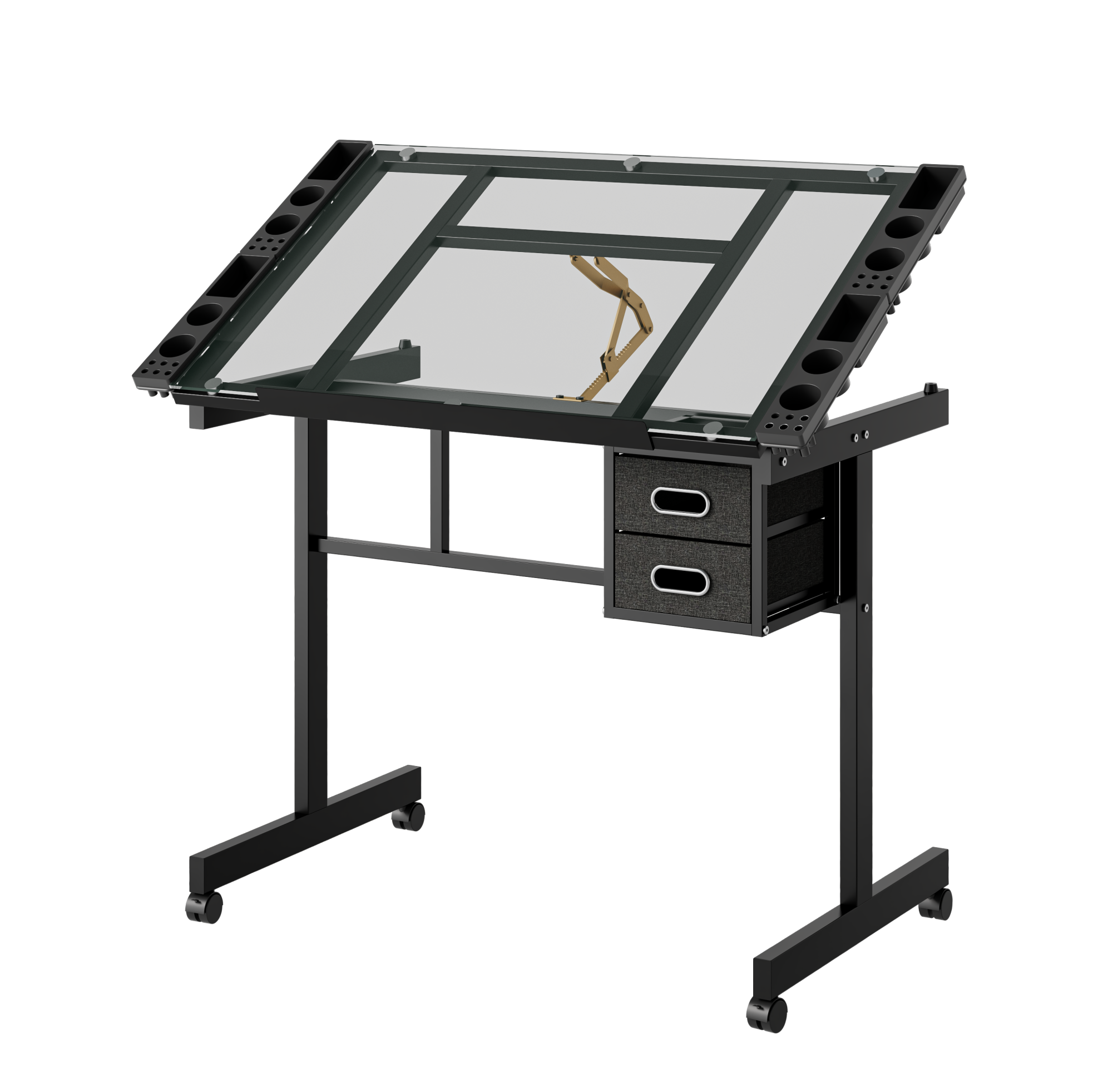 Verstellbarer Zeichentisch Mit Glasplatte, 2 Stoffschubladen Und 4 Schwarzen Rollen Modenuit
