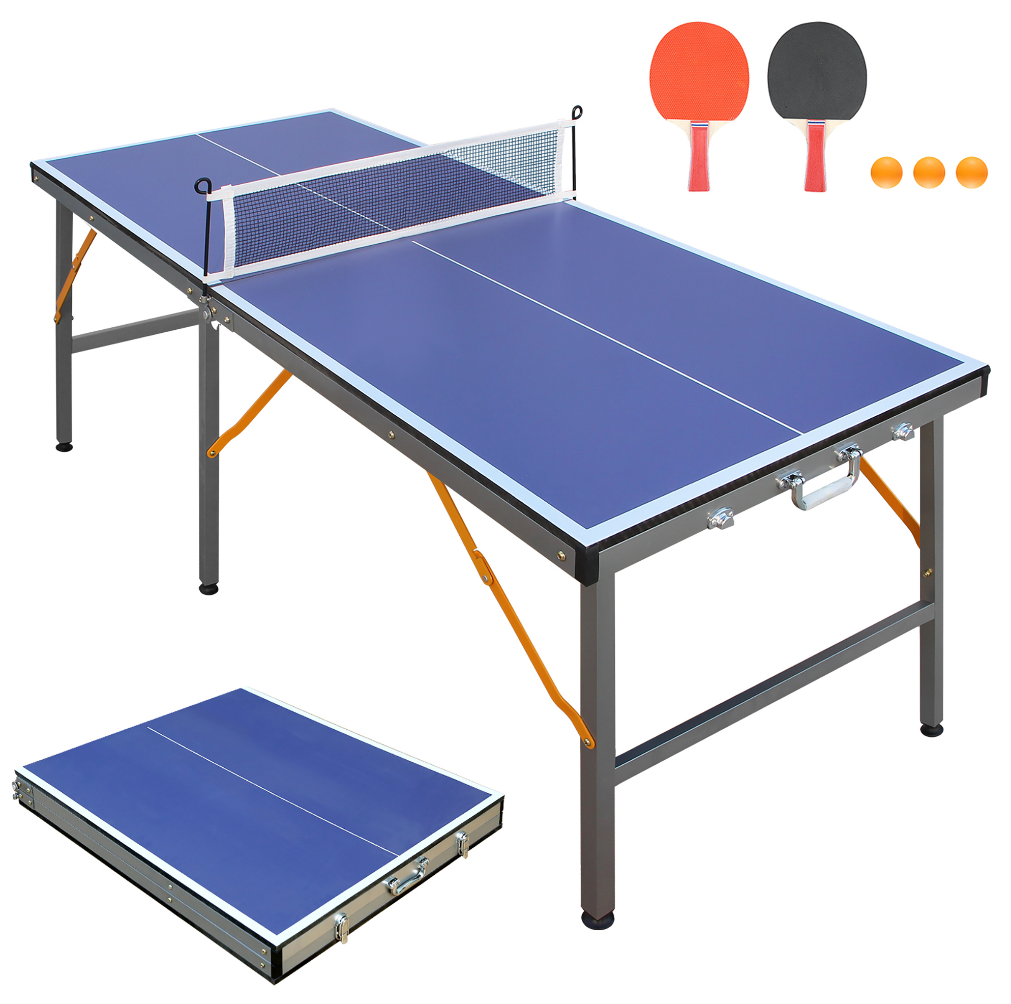 Klappbarer Tischtennistisch Blau Mit Netz, 2 Schlägern Und 3 Bällen, Innen & Außen