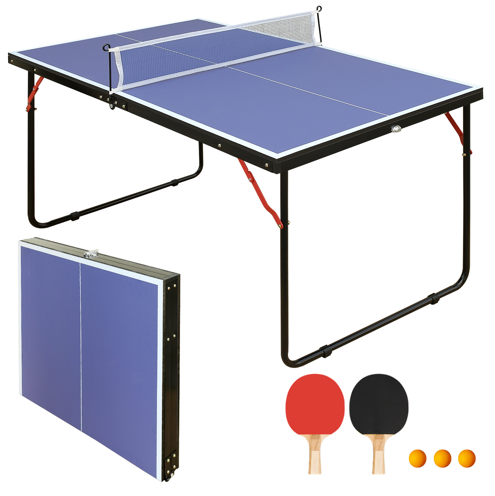 Klappbarer Tischtennistisch 137,2 Cm Aus Blauem Mdf Mit Netz, 2 Schlägern Und 3 Bällen