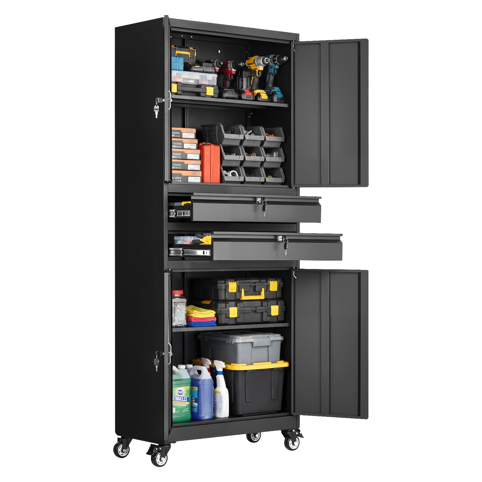 Mophorn Metall-aufbewahrungsschrank Mit 4 Türen, 2 Schubladen, 4 Rollen Und 2 Verstellbaren Regalen, 1905 Mm Hoher Schrank, 81,5 Kg Tragfähigkeit, Vielseitig Einsetzbar Für Büro Und Werkstatt, Schwarz