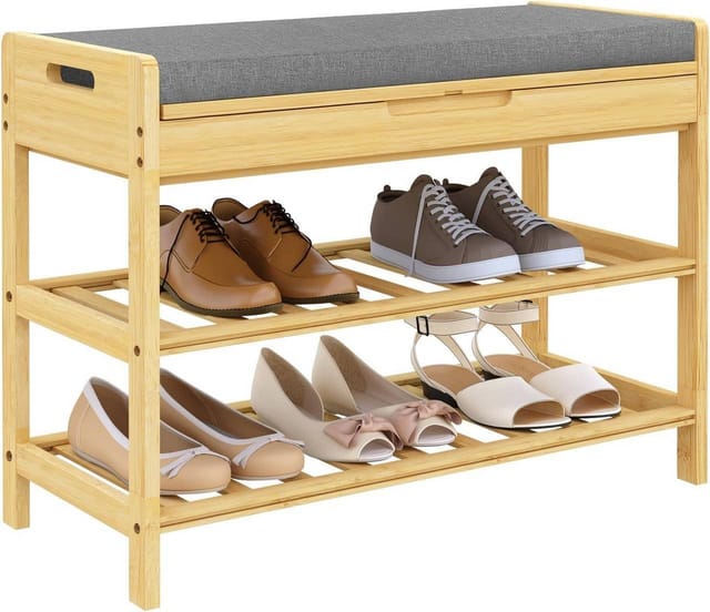 Schuhbank mit Sitzfläche Schuhregal Schuhschrank aus Bambus Schuhablage mit Sitzfläche, mit 2 Schuhablagen 1 geschlossenem Staufach für Eingang Flur