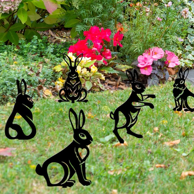 Osterhase, 5 Stück Gartendekoration, dekorative Gartenpfähle aus Metall für den Außenbereich, Hof, Terrasse, Silhouetten, Baum, Hof, Wandkunst,