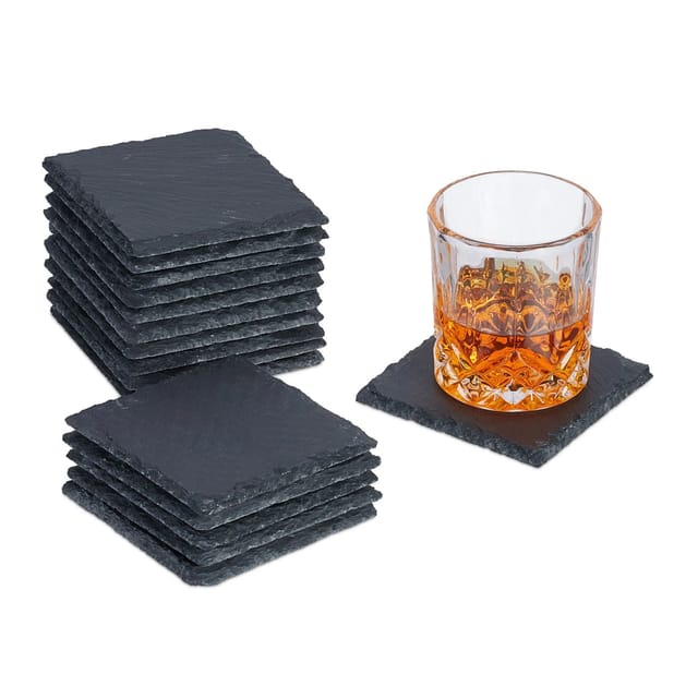 Relaxdays - Schiefer Untersetzer, 16er Set, eckige Glasuntersetzer, 10x10 cm, Raclette- & Getränkeuntersetzer, anthrazit