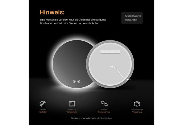EMKE Rund Badspiegel 50cm Antibeschlage Badezimmerspiegel mit 3 Lichtfarben Helligkeit Einstellbar Memory-Funktion