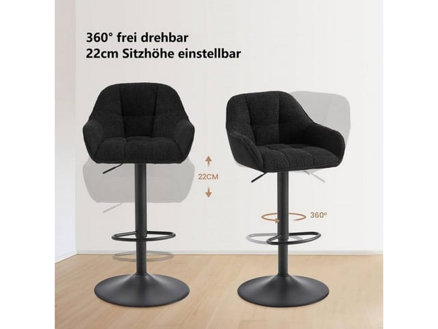1x Barhocker Barstuhl höhenverstellbar Drehbare Bistrohocker Küchenhocker aus Samtstoff Tresenhocker mit Lehne Fußstütze Chenille Cord Metall Schwarz