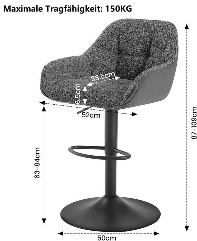 WOLTU 2er Barhocker Barstuhl höhenverstellbar Drehbare Bistrohocker Küchenhocker aus Samtstoff Tresenhocker mit Lehne Fußstütze Chenille Cord Metall