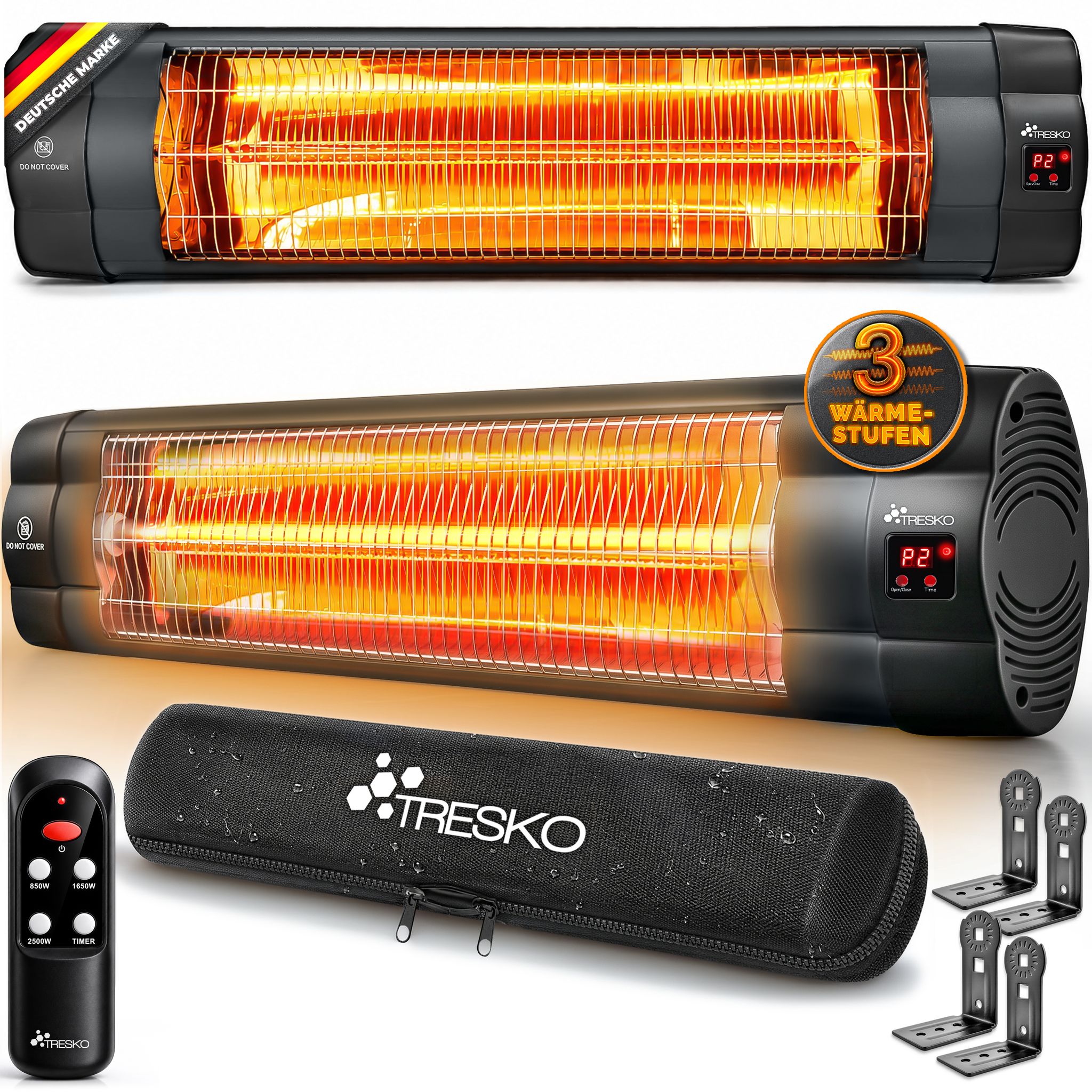 Tresko® Infrarot Heizstrahler 2500w Mit Fernbedienung Wärmestrahler Terrasse Outdoor Elektrisch Mit 3 Heizstufen Terrassenstrahler Innen & Außen Wand-infrarotstrahler Mit Led-anzeige Quarzstrahler