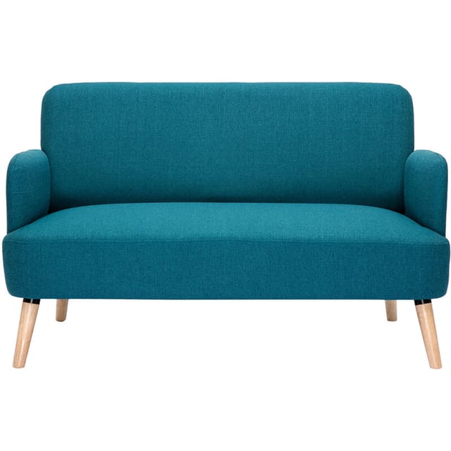 Skandinavisches 2-Sitzer-Sofa aus entenblauem Stoff und hellem Holz ISKO