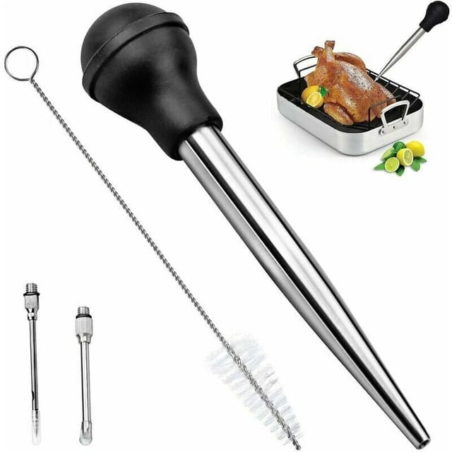 KZQ Saucenbirnen aus Edelstahl 304 und Gummi, Saftspritze, Pipette, Küchen-Injektionsnadel mit Reinigungsbürste zum Kochen und Grillen,