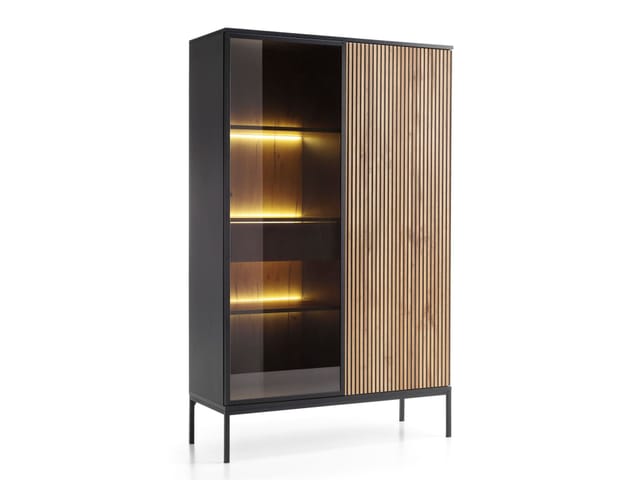 Vitrinenschrank 104 cm Haller - Vitrine mit Glastür & Schublade - Lamellen, LED-Beleuchtung - Loft Stil (Wotan Eiche / Schwarz)