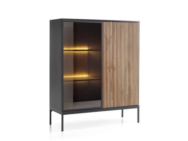 Vitrine 104 cm Haller - Glasvitrine 104 cm - Glastür, Lamellen, LED-Beleuchtung - Loft Stil (Wotan Eiche / Schwarz)