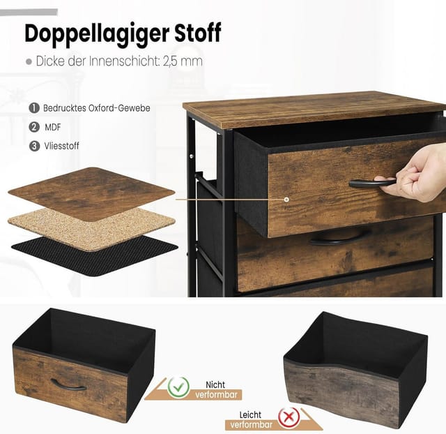 Kommode mit 5 Schubladen, Schubladenschrank aus Stoff, Aufbewahrungsschrank Kommodenschrank, mit Metallgestell, für Schlafzimmer Wohnzimmer Flur,