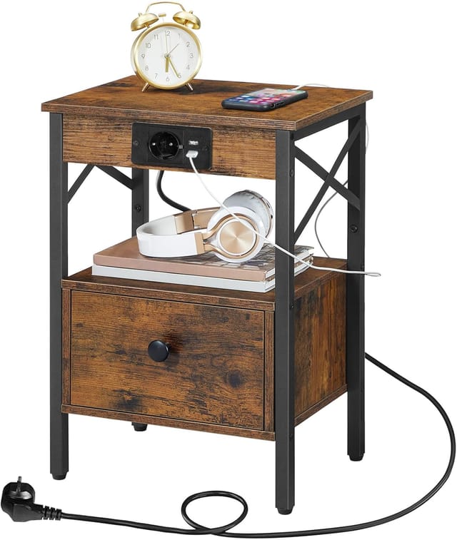 Nachttisch mit Ladestation, Beistelltisch mit Klappschublade, Nachtschrank mit USB-Anschlüsse und Steckdose, Nachtkommode für Schlafzimmer, HOOBRO