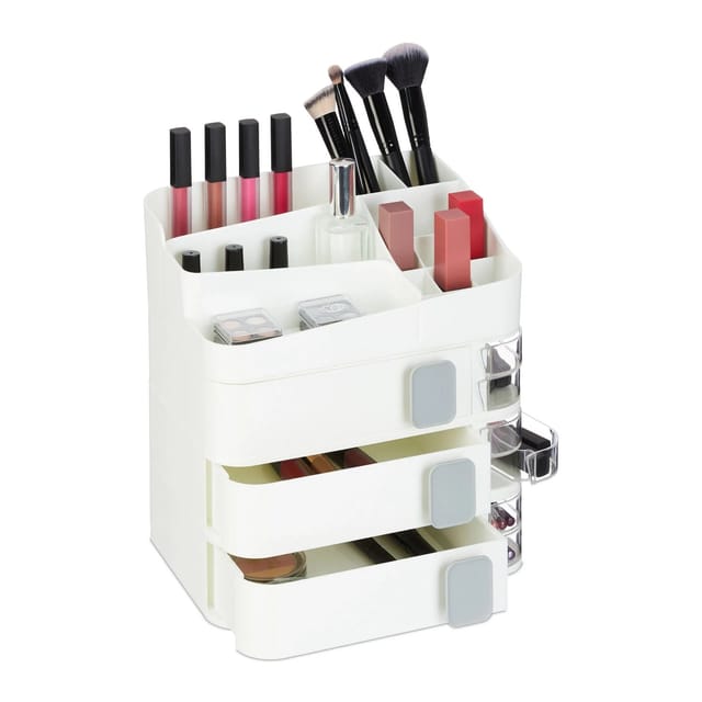 Make Up Organizer, 24 Fächer, Kosmetik Aufbewahrung, Kunststoff, HxBxT: 27,5x26x21 cm, Kosmetikorganizer, weiß - Relaxdays