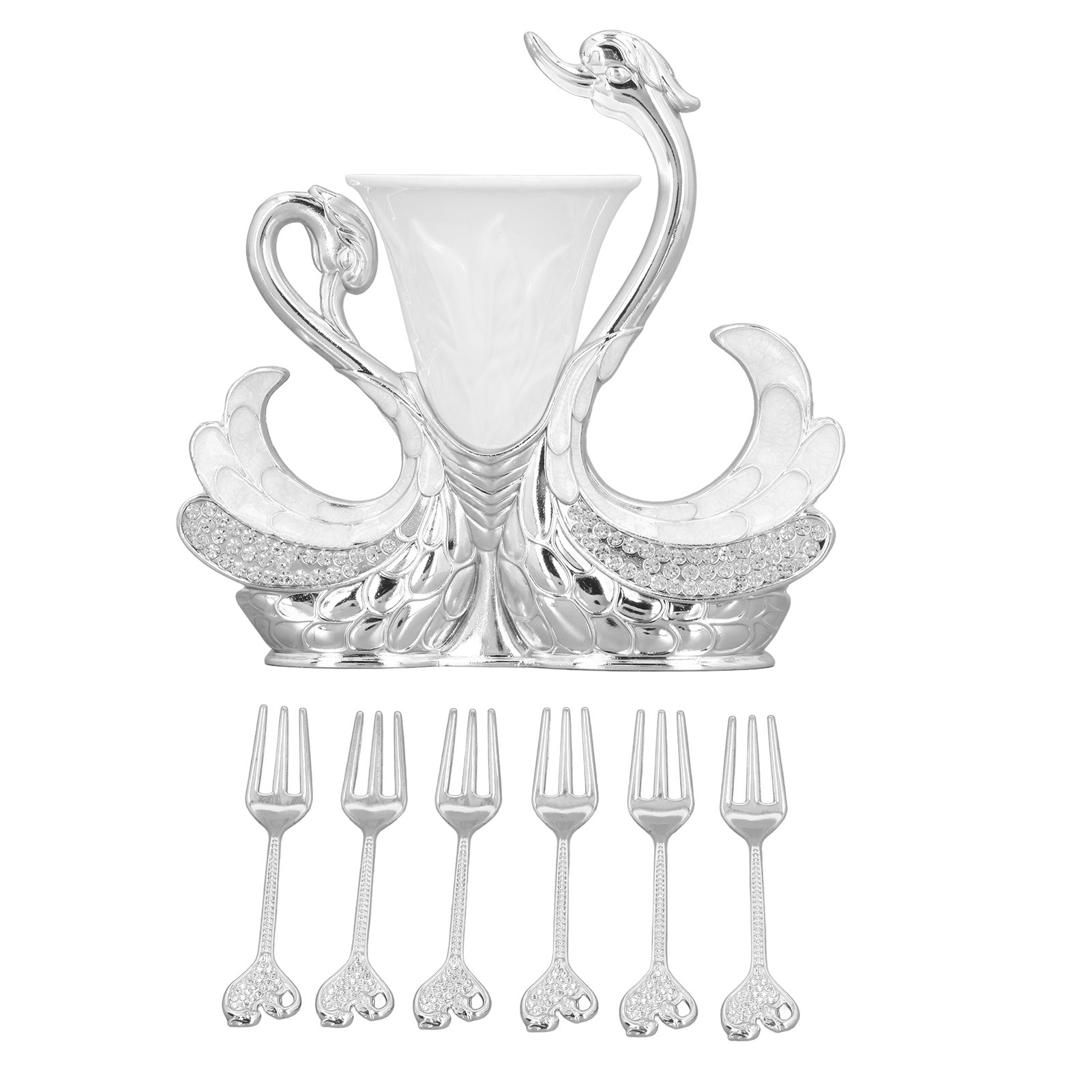 Elegantes, Multifunktionales Besteckset Mit Schwanenfuß Und 6 Gabeln Für Obstsalate, Kaffee Und Desserts, Silberweiß