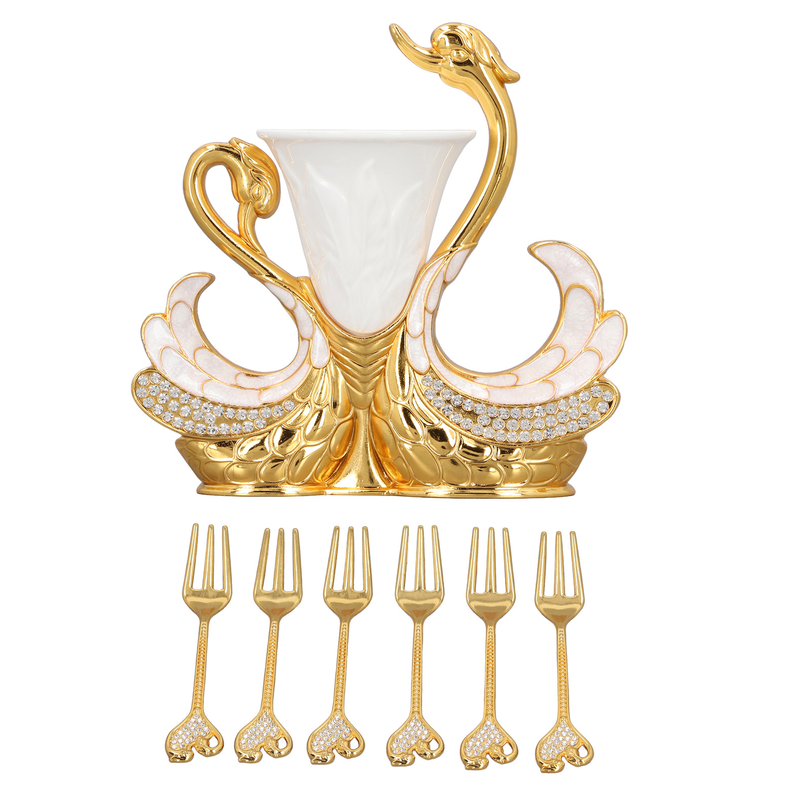 Elegantes, Multifunktionales Besteckset Mit Schwanenfuß Und 6 Gabeln Für Obstsalate, Kaffee Und Desserts In Gold Und Weiß.