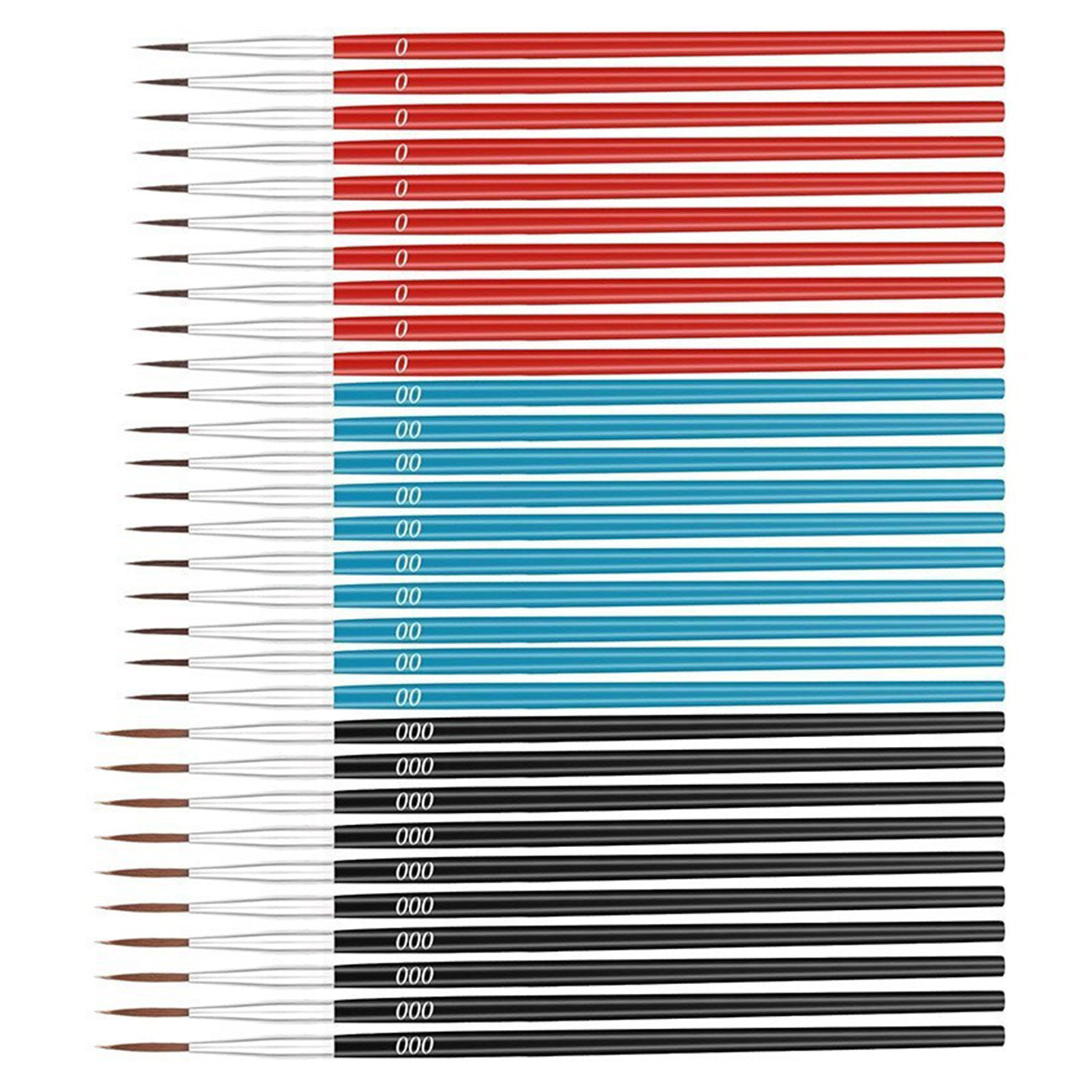 30-teiliges Set Feiner Miniaturpinsel Mit Holzgriff Und Nylonborsten In 3 Größen. Geeignet Für Gesichtsmalerei, Kleine Skulpturen Und Mehr. Farben: Schwarz (000), Blau (00), Rot (0). Je 10 Stück.