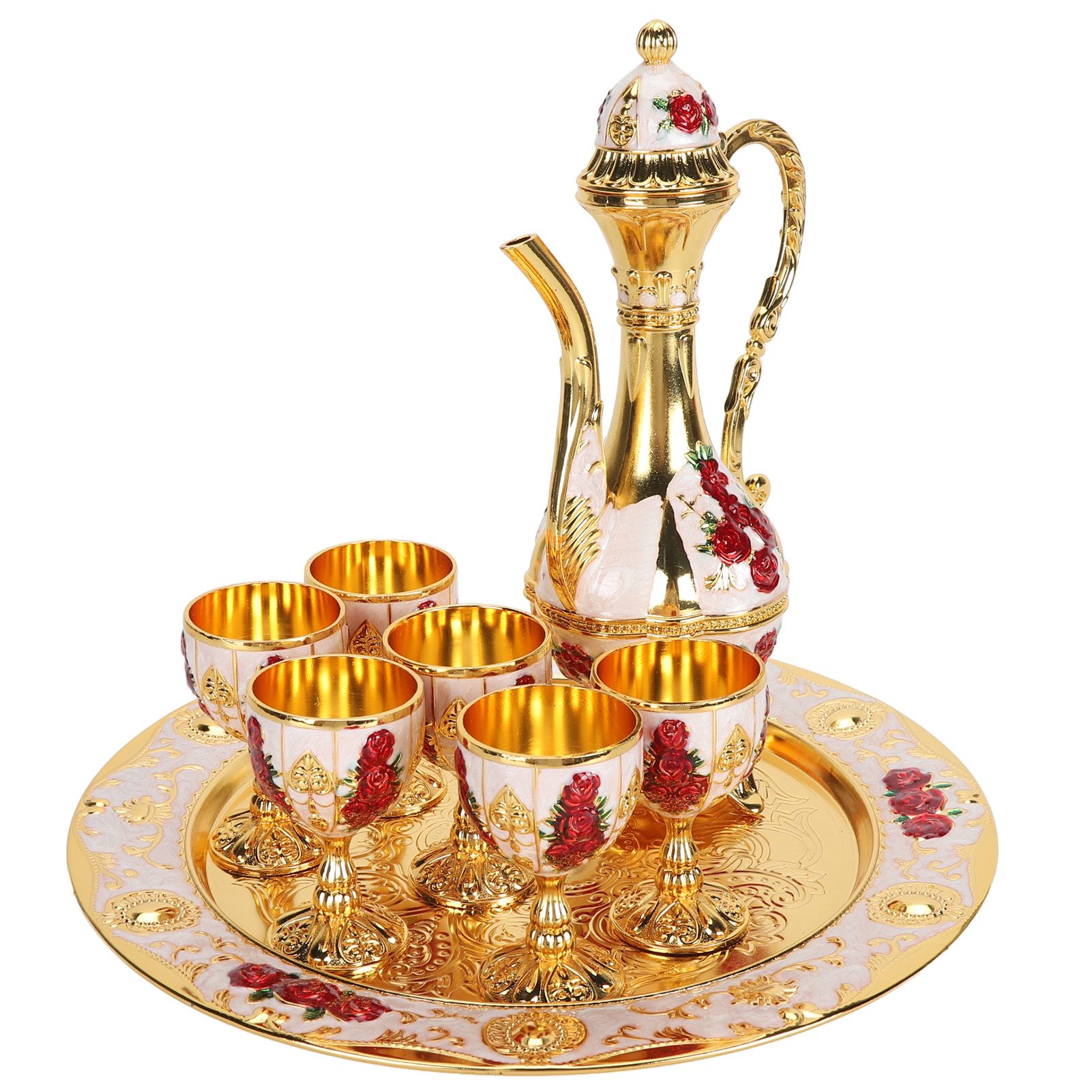 Vintage-weinkrug-set, Europäisches Retro-kaffeekanne-tablett-set, Exquisite Schnitzereien, Weingläser Aus Zinklegierung Für Weinschränke Und Bartheken, Gold, Weiß, Rot