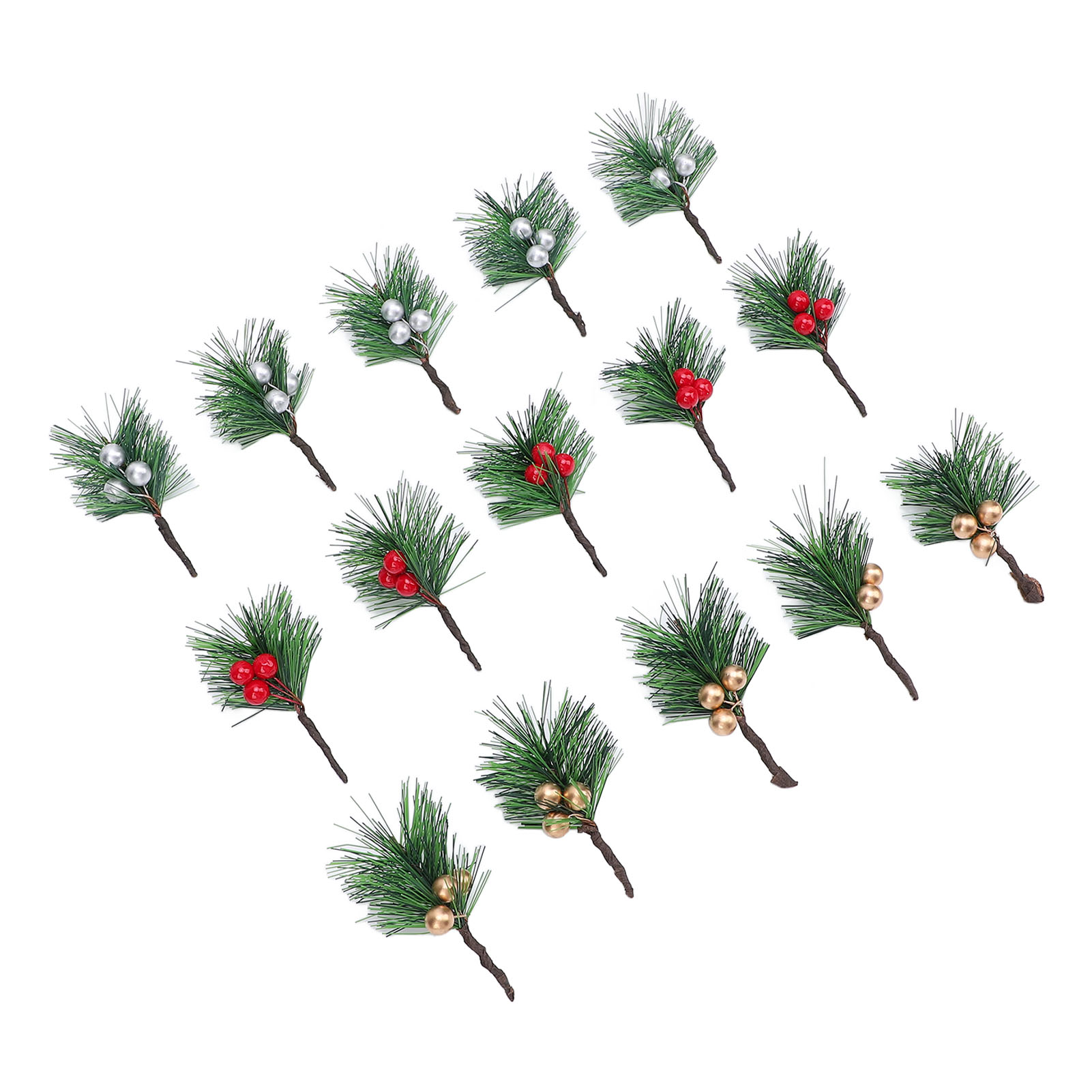 15 Künstliche Weihnachtszweige Mit Stechpalmenbeeren Und Kiefernnadeln In Rot, Silber Und Gold Zur Weihnachtsdekoration