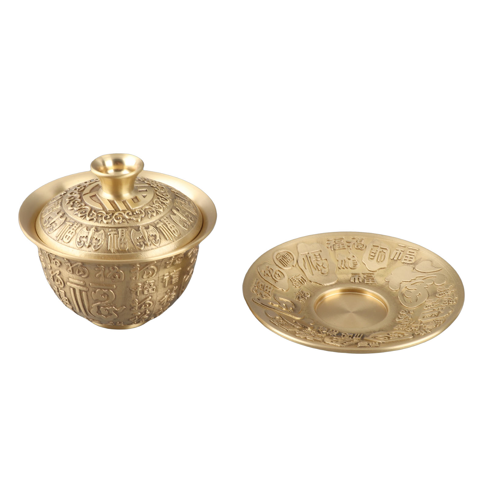 3-teiliges Set Chinesischer Teetassen, 100 Ml, Messing, Relief-glücksmotiv, Mit Deckel Und Untertasse