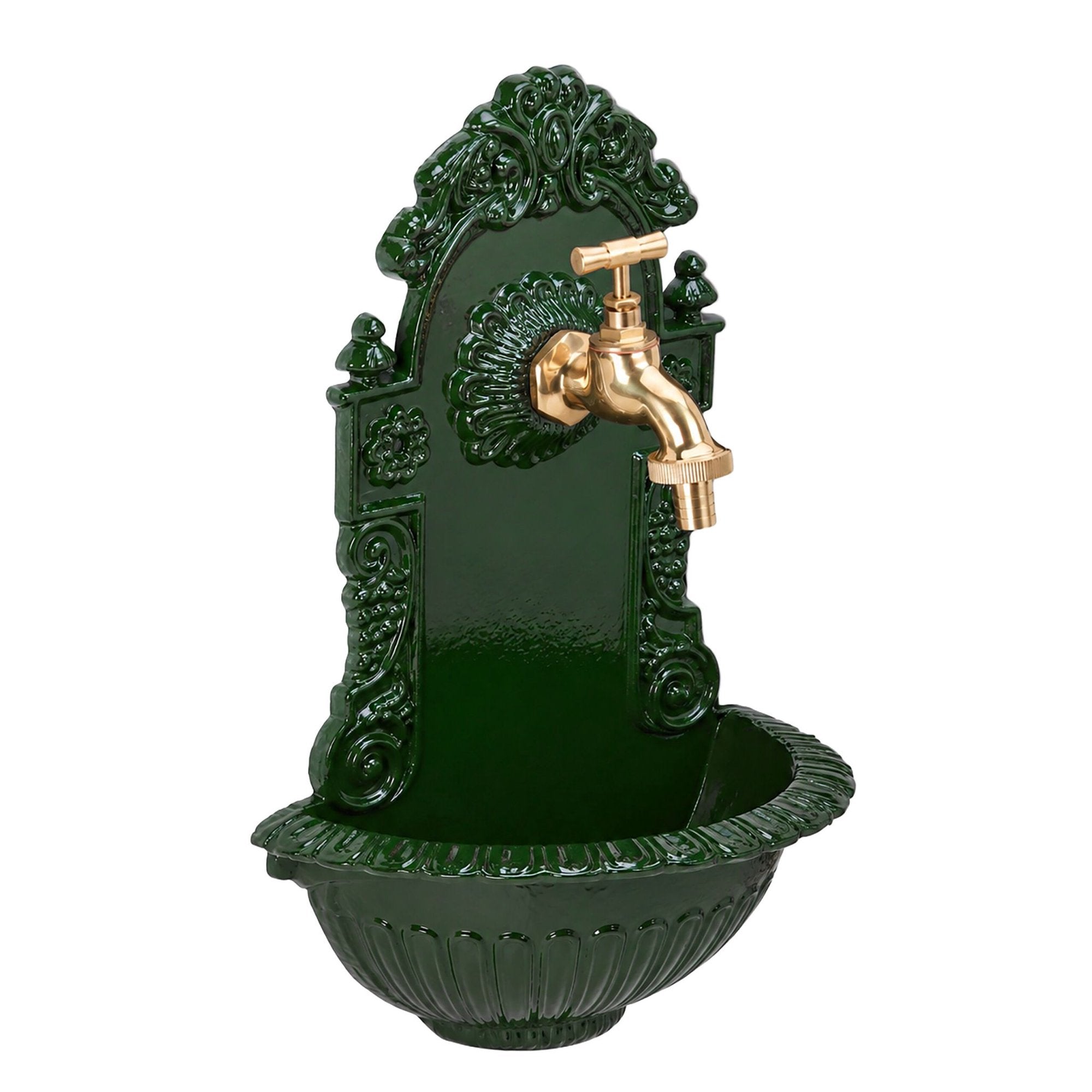 Antiker Brunnen Mit Grüner Wand, Becken Aus Aluminiumguss