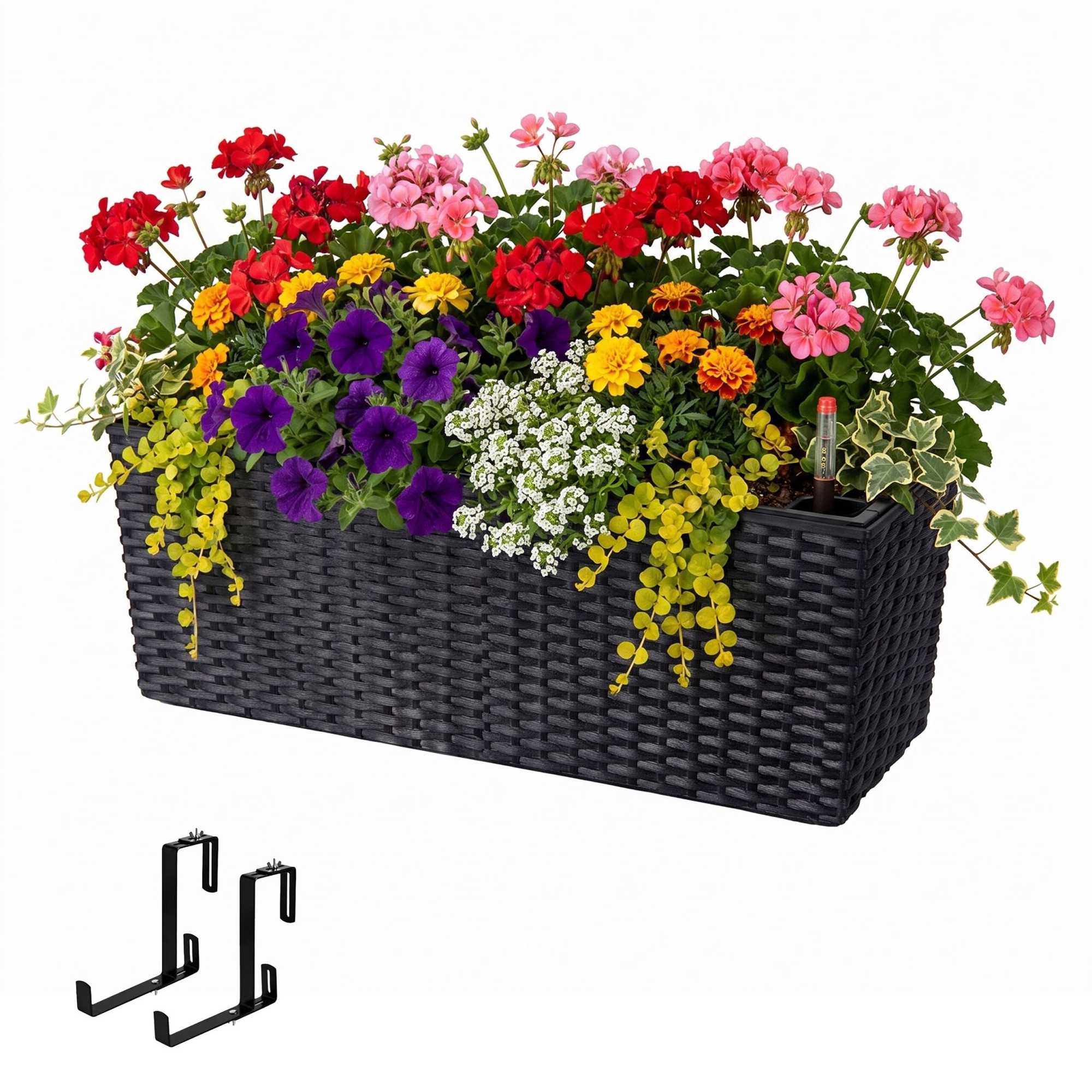 Schwarzer Balkonpflanzkasten Aus Rattan Mit Wasserstandsanzeige