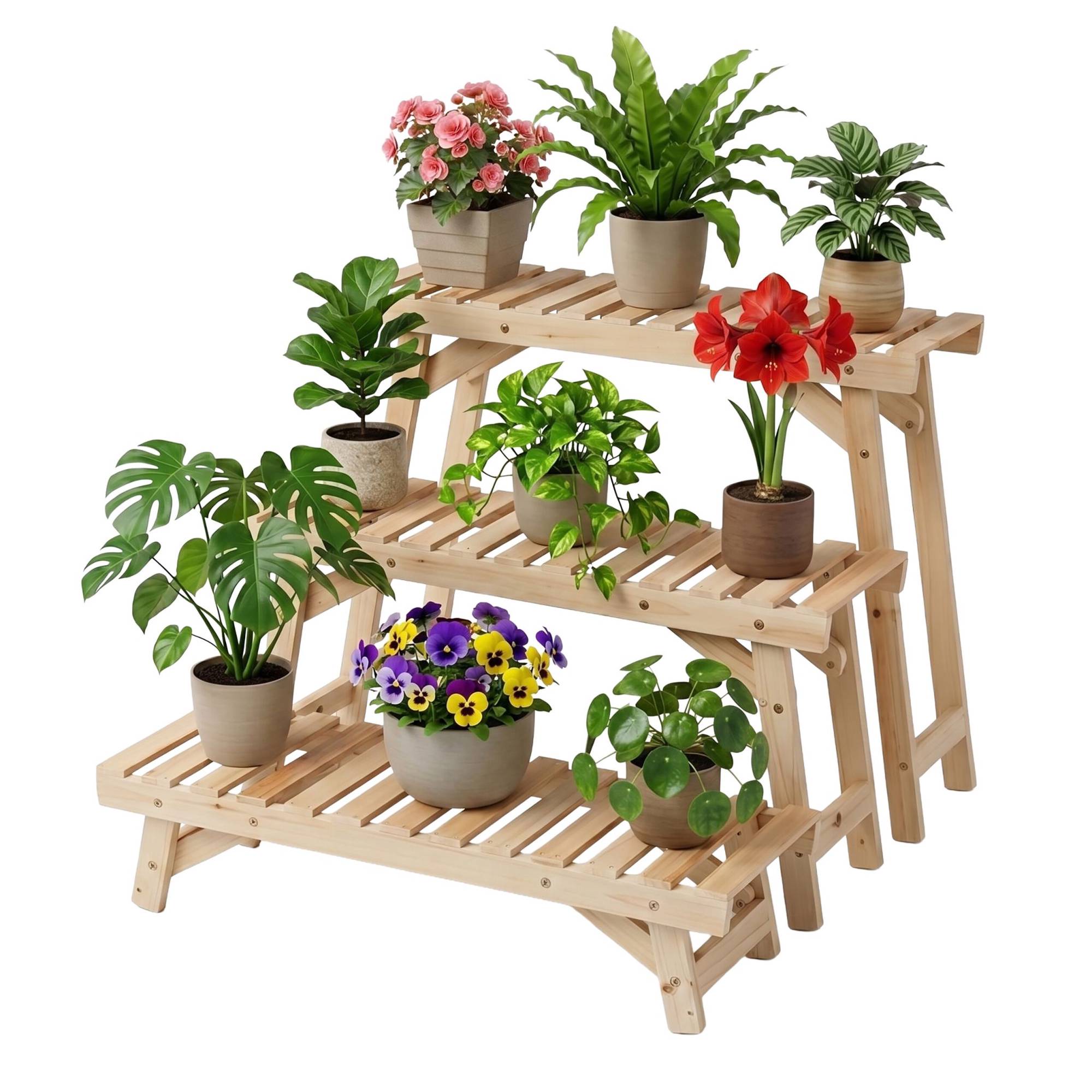 3-teiliges Pflanzenständer-set Aus Tannenholz, Naturfinish