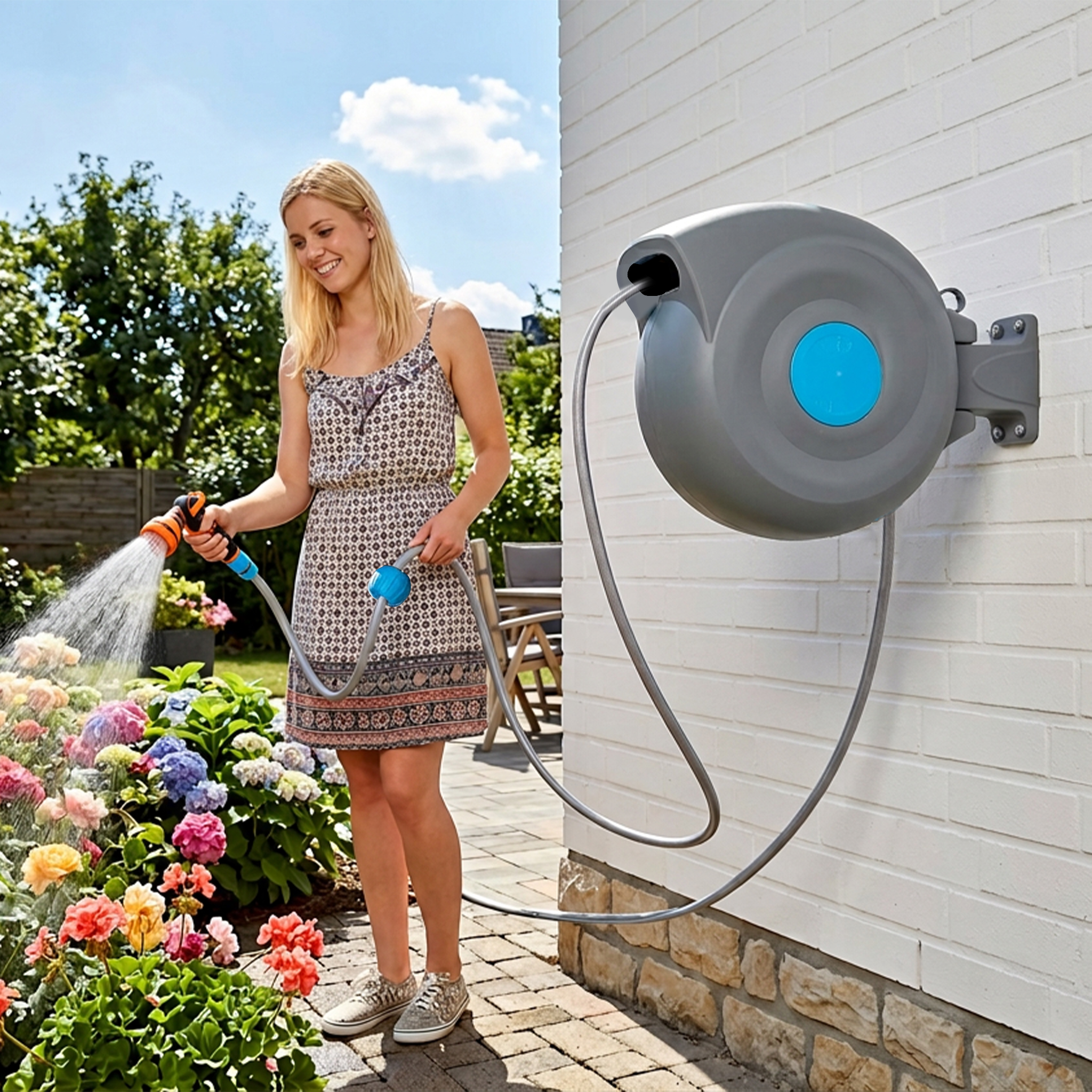 20m Automatische Wandmontierte Schlauchtrommel, 9‑sprühpistole, Uv‑/frostbeständig, 180° Schwenkbar, Inkl. Zubehör