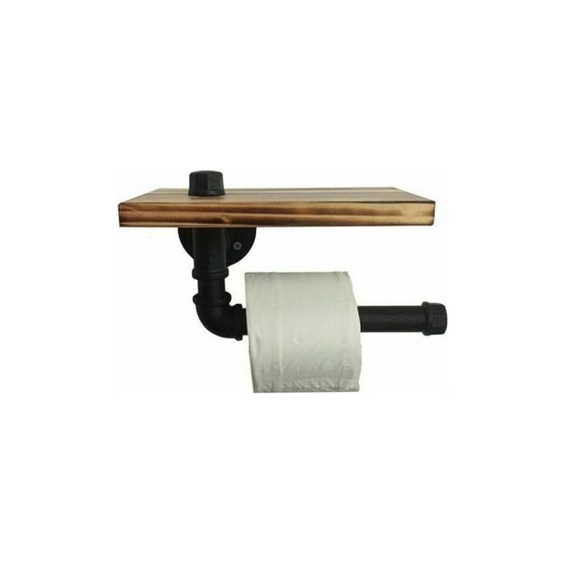 Retro-design-toilettenpapierhalter, Metall, Röhre, Ablage, Aufbewahrungsset Mit Schwarzem Holztablett Crezuo