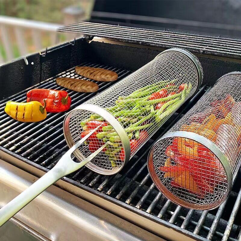 2-teiliger 20-cm-grillkorb Aus Edelstahlgewebe, Runder Grillkäfig, Drehbare Trommel, Tragbarer Grillkorb Crezuo