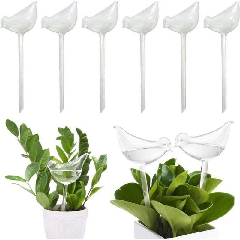Set Mit 6 Automatischen Bewässerungsbirnen Aus Glas Von Crezuo Für Topfpflanzen Im Innen- Und Außenbereich, In Form Eines Durchsichtigen Glasvogels.