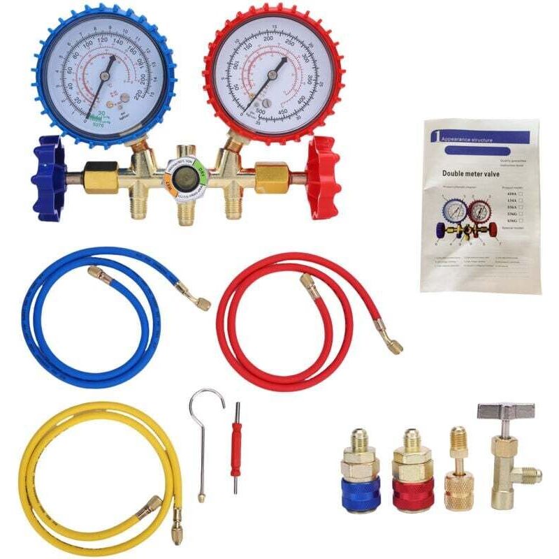Professionelles 3-wege-klimaanlagen-manometer, Kompatibel Mit R134a/r410a/r404a, Komplettset Mit Adaptern Und Werkzeugen. Crezuo