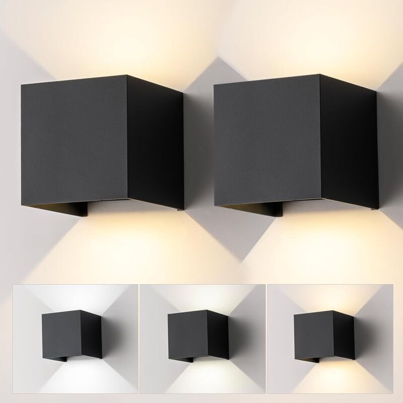 Set Mit 2 Crezuo Led-wandleuchten Für Den Innen- Und Außenbereich, Moderne Quadratische Wandleuchten Aus Schwarzem Aluminium, Verstellbarer Lichtkegel, Ip65 Wasserdicht