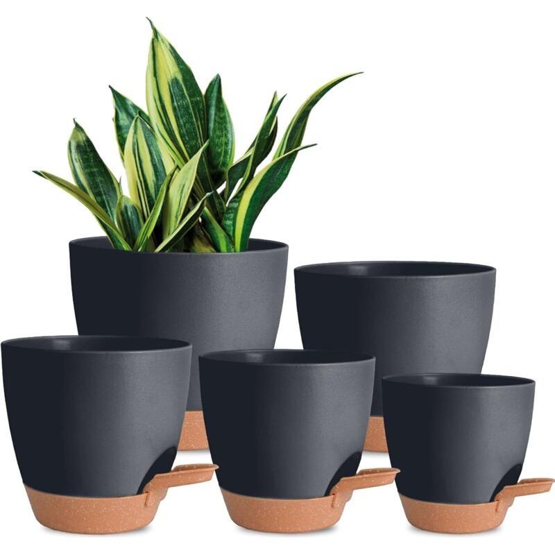 5-teiliges Set Selbstbewässernder Kunststoff-blumentöpfe Mit Abflusslöchern, 7/6,5/6/5,5/5 Zoll, Schwarz, Crezuo