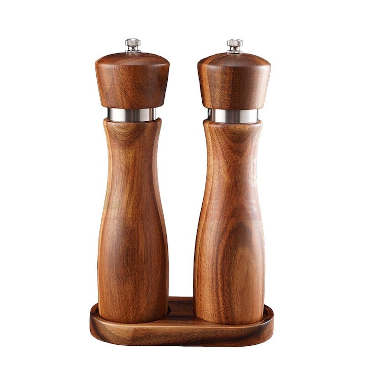Set Aus 2 Salz- Und Pfeffermühlen Mit Halter Aus Naturholz Und Edelstahl, Wiederaufladbar, Elegantes Und Modernes Design