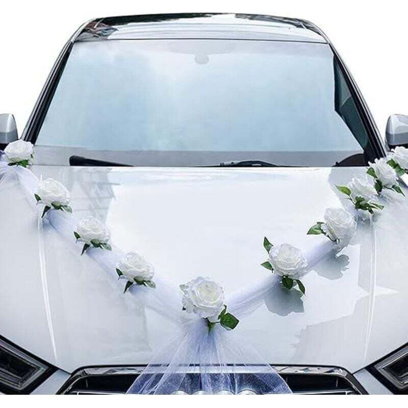 Hochzeitsauto-dekorationen, Hochzeitsauto-dekorationsset, Weiße Künstliche Blumen Und Weißes Band Für Hochzeitsautos, Hochzeitsauto-dekorationen Von Crezuo