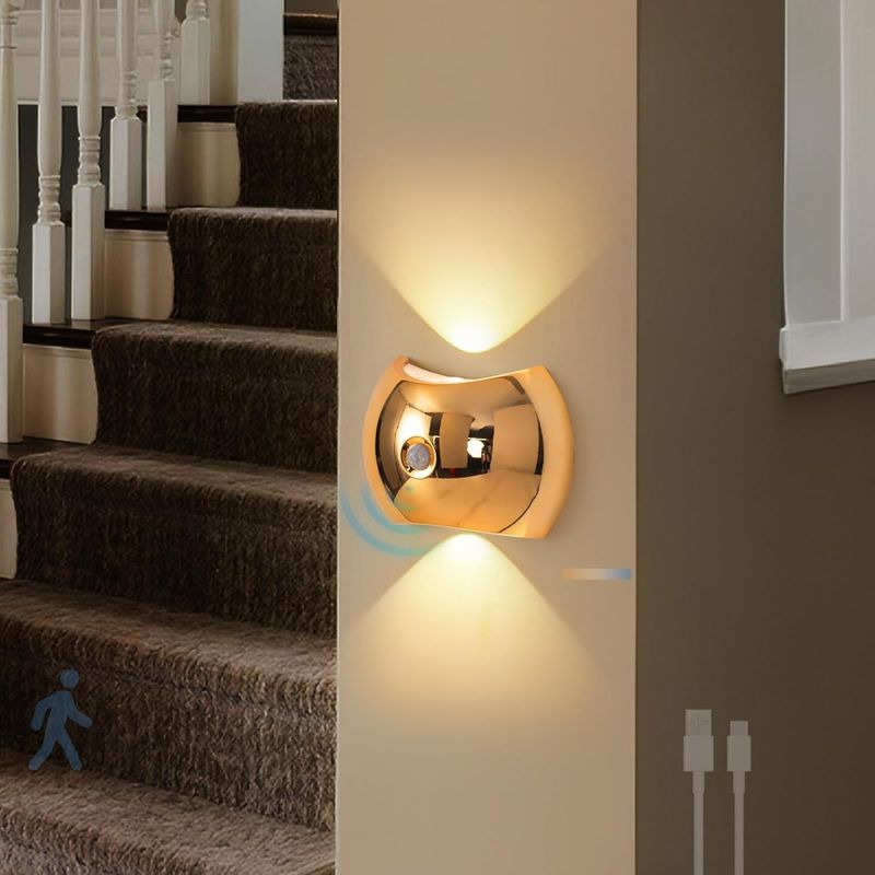 Goldene Led-wandleuchte Für Den Innenbereich Mit Bewegungsmelder, Dimmbar Auf 2700k/4500k/6500k, Usb-aufladbar, Für Wohnzimmer Und Schlafzimmer
