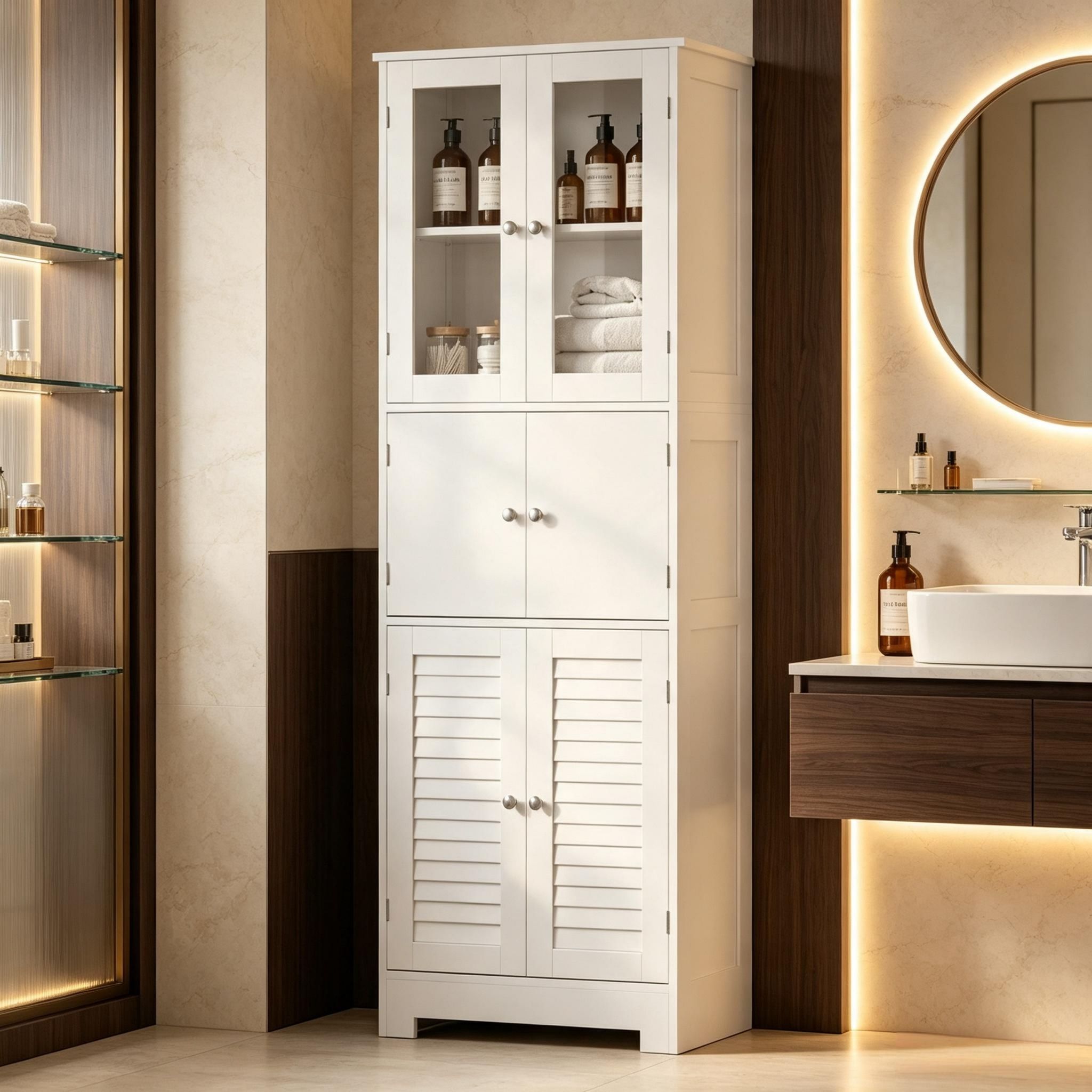 Hoch Badezimmermöbel, Badezimmer Aufbewahrungsschrank Mit 6 Türen, Höhenverstellbare, Freistehender Badschrank