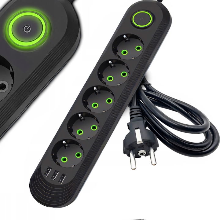 Multifunktionales Verlängerungskabel Mit 5 Steckdosen, Zola, 5 M, 110–250 V, 3 Usb-anschlüsse, Schwarz/grün