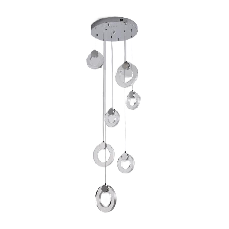 Kronleuchter Aus Verchromtem Metall Mit Halbtransparentem Glasschirm. Sieben Glasringe Für Den Schirm, Sieben 12-w-led-lampen. Farbtemperatur: 4000 K. Referenz: 531
