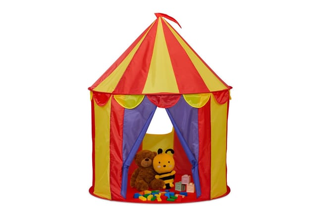 Spielzelt Zirkus, für Kinder, Zirkusspielzelt indoor, hd: 125 x 95 cm, Kinderzelt mit Vorhängen, faltbar, bunt - Relaxdays