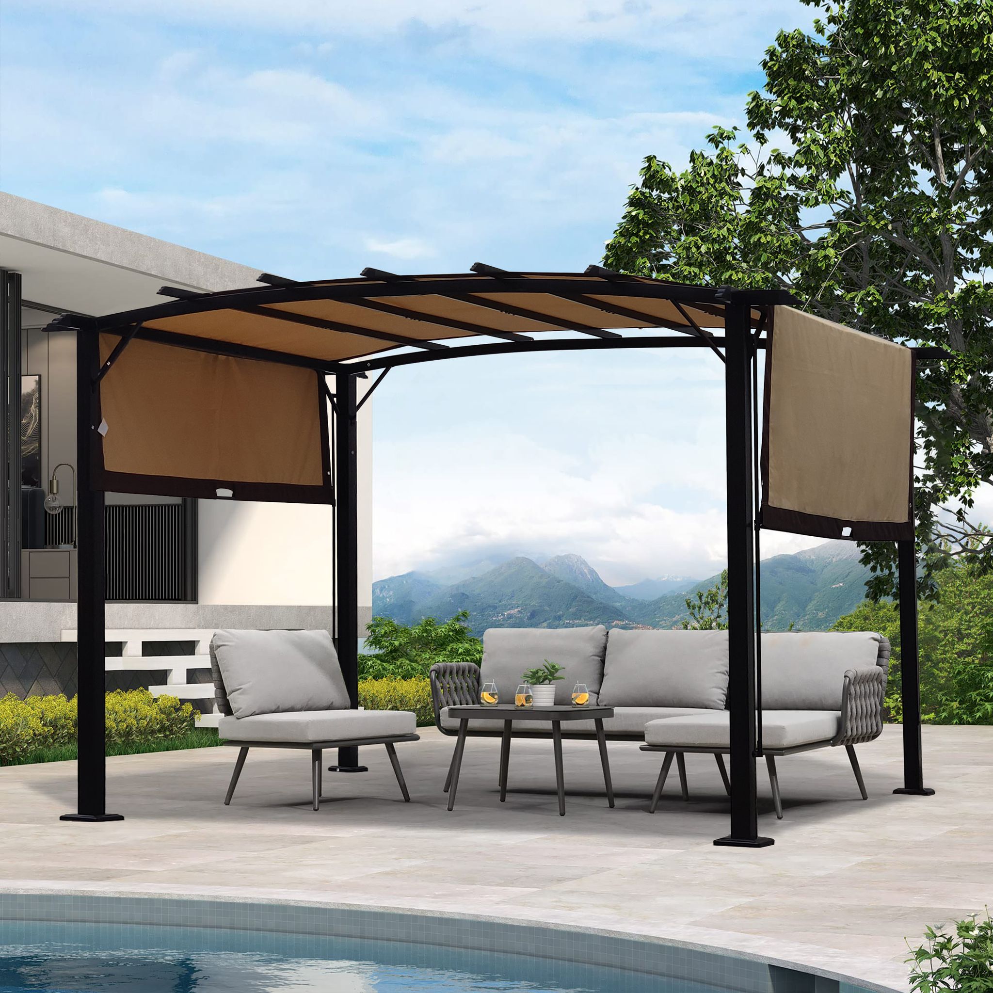 Ersatzdach 12×9‑fuß Gebogene Außen‑pergola, Wasserdichte Uv‑beständige Markise Für Terrasse & Balkon (beige)