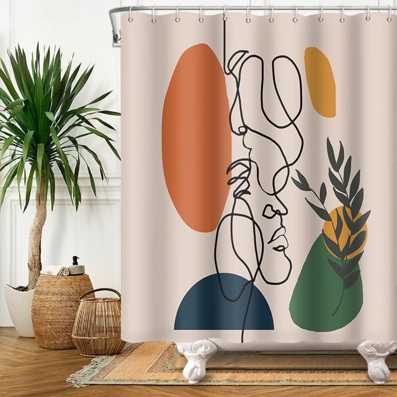 Duschvorhang 180 X 180 Cm, Abstraktes Gesicht Im Mid-century-stil, Moderne Minimalistische Terrakotta-kunst, Schimmelresistent, Wasserdicht, Crezuo
