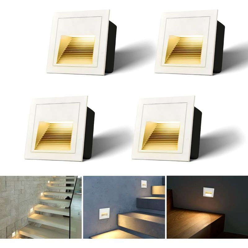 Set Mit 4 Eingelassenen 3-w-led-wandleuchten Für Treppen, Aluminiumstufenbeleuchtung, Warmweiß, 230 V, Ip54