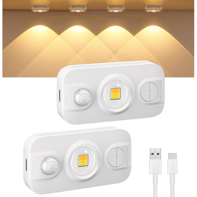 Set Mit 2 Mini-led-unterbauleuchten Für Die Küche Mit Bewegungssensor, Usb-c-aufladbar, Warmweiß, Dimmbar, Kabellos